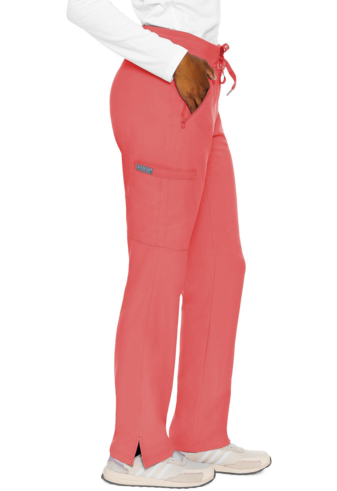 MEDCOUTURE women's zipper stretch scrub pant, shown from the right side, featuring functional zipper and comfortable fit.