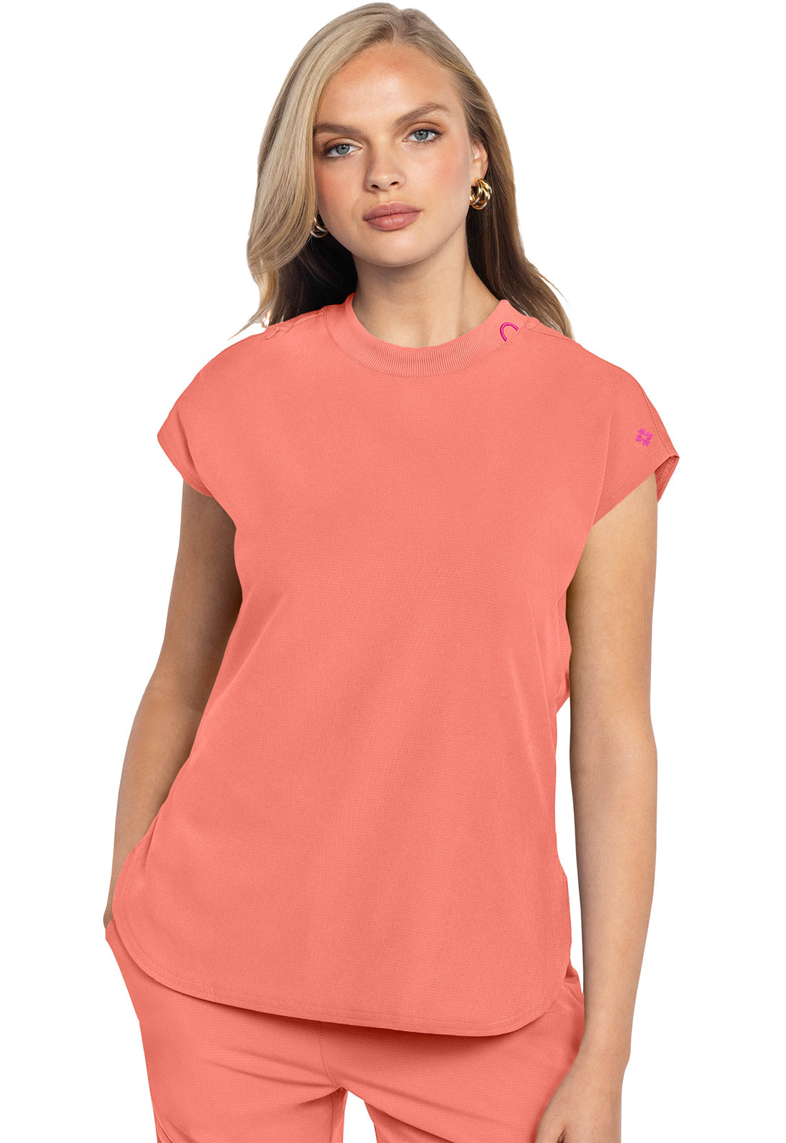 MEDCOUTURE round neck tuckable top, stylish and comfortable, shown in a close-up image highlighting the fabric and fit.