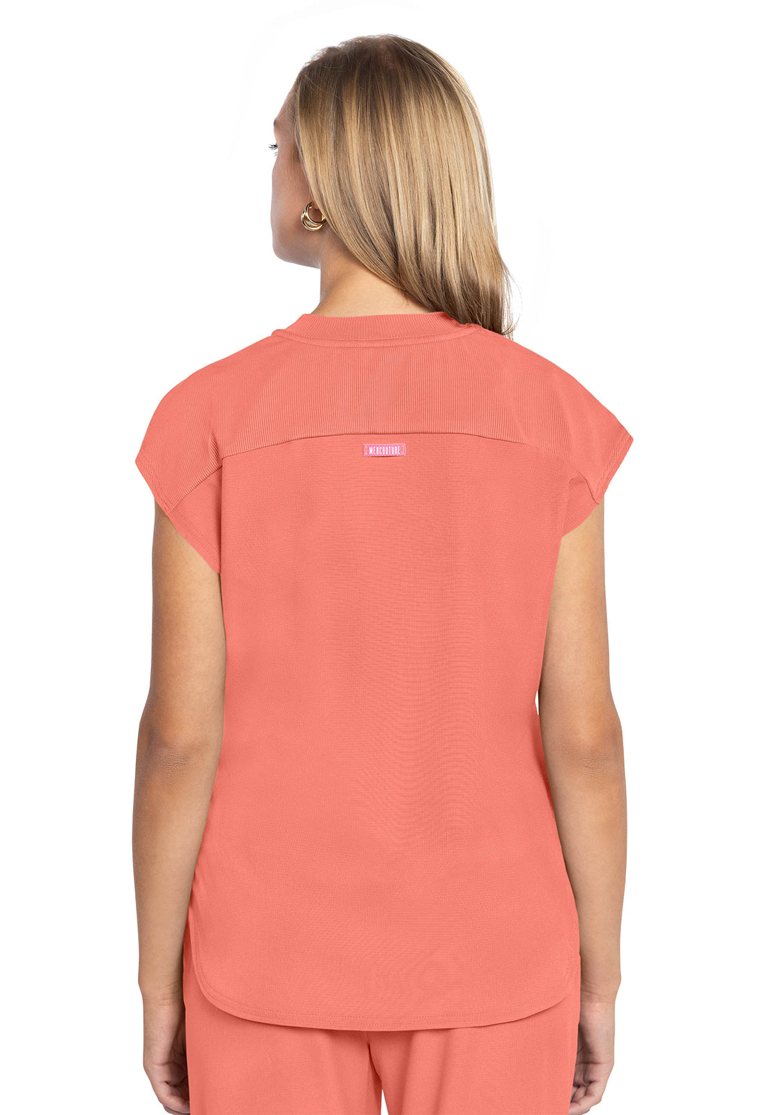 MEDCOUTURE round neck tuckable top shown from the back, featuring a sleek fit and smooth fabric in a stylish design.